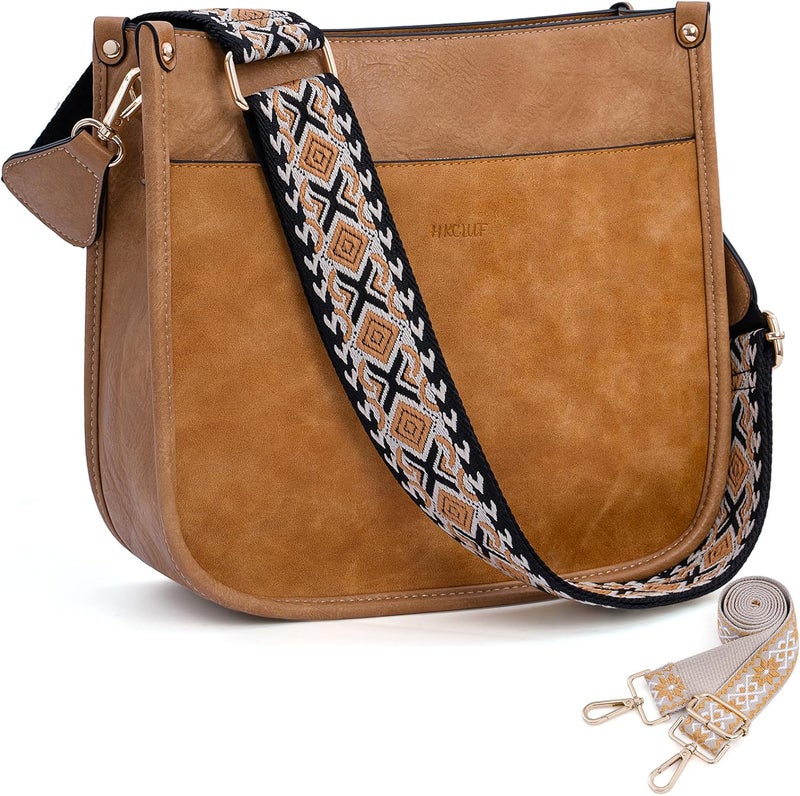 HKCLUF Crossbody Bags for Women Trendy Vegan Leather Hobo Handbags With 2PCS Adjustable Guitar Strap Shoulder Bucket Bags - Image 1